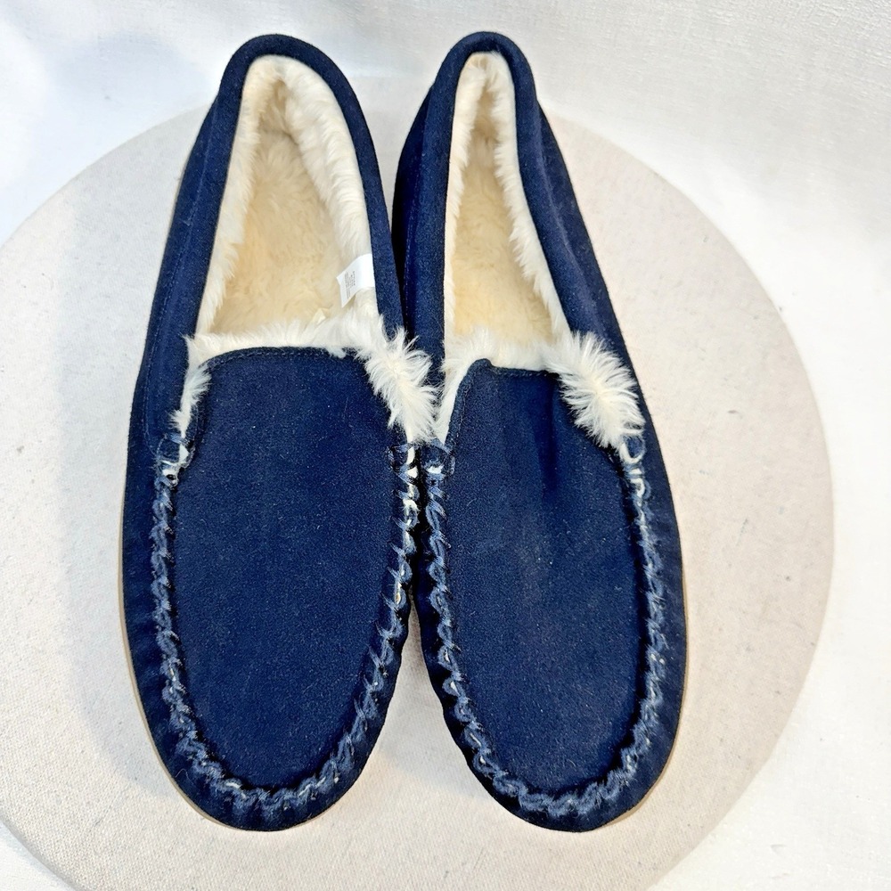 J.Crew Moccasin Slippers Men 10 Navy Blue Suede Faux Fur Lined BL639 Preppy Cozy - Picture 6 of 8